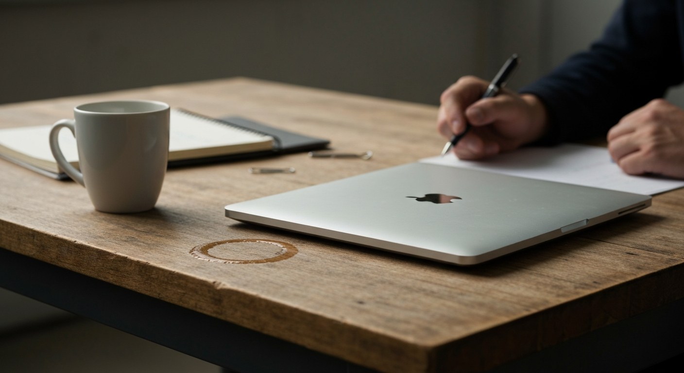 A warehouse office desk with a laptop, coffee mug, and inventory notes under natural window lighting.