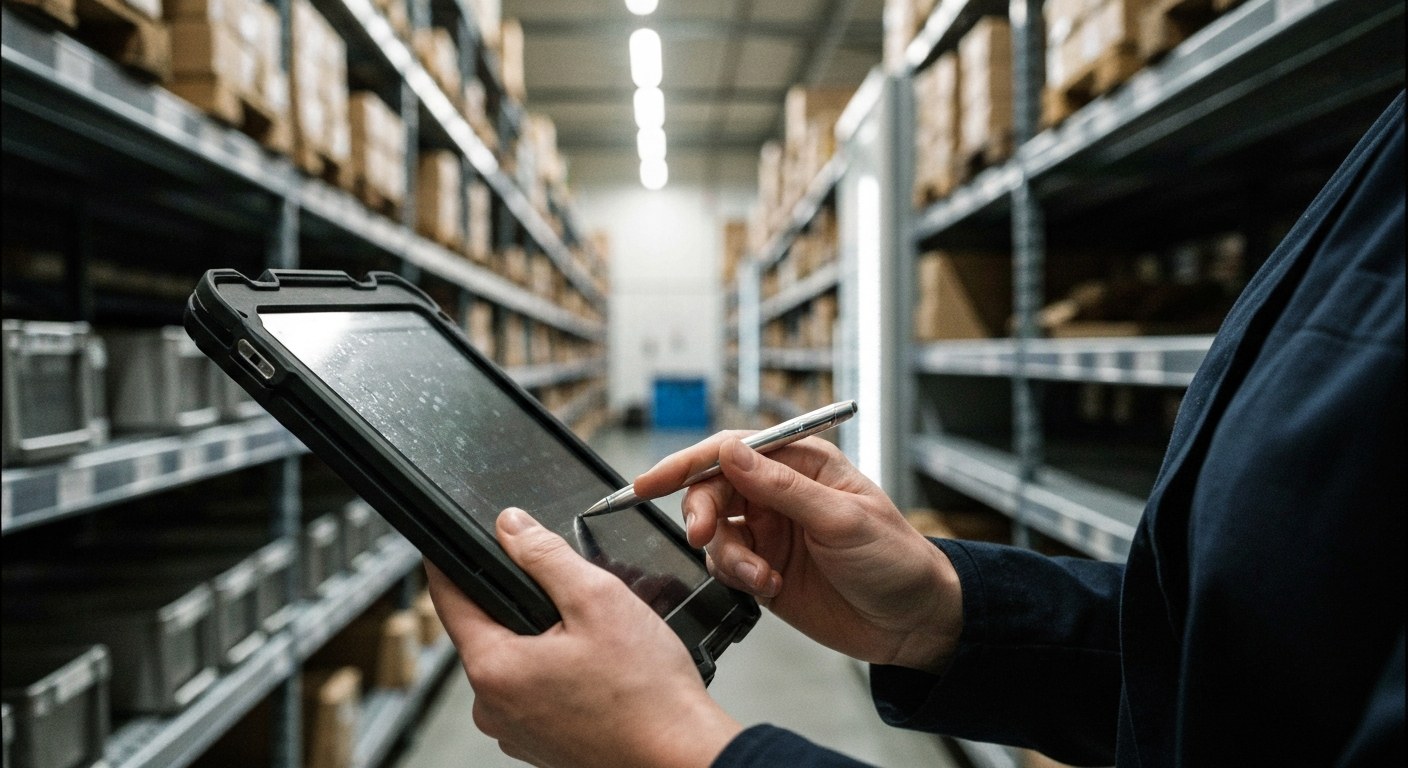Close-up of a worker's hands using a rugged tablet to perform an inventory audit on warehouse shelves.