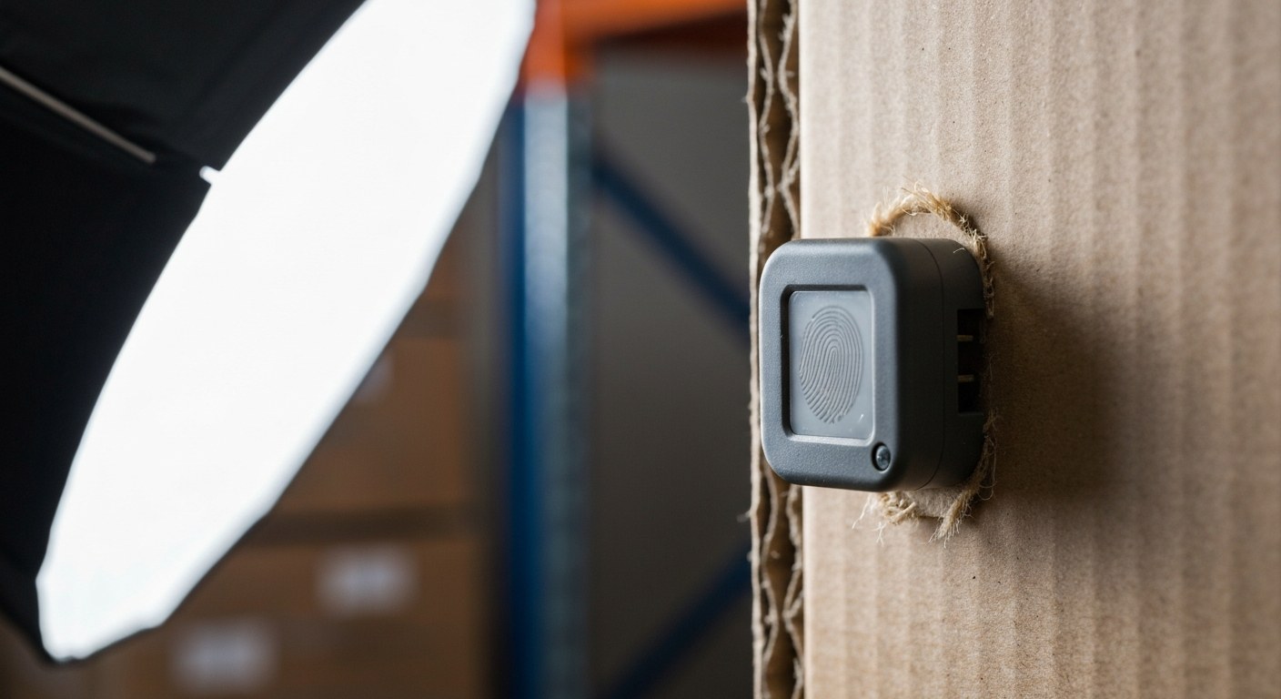 IoT Sensors in Inventory Management Macro shot of a small black IoT sensor attached to a cardboard box in a warehouse setting.