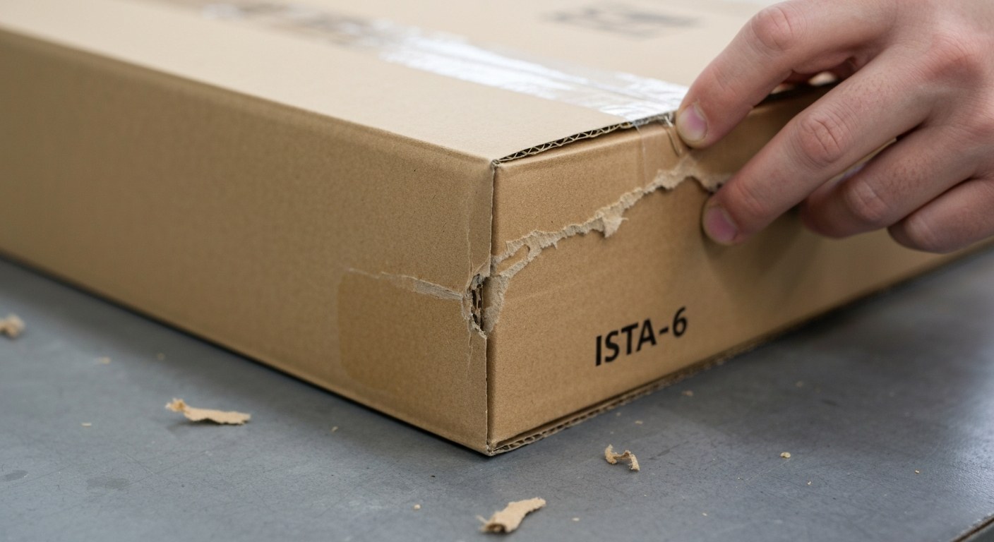 ISTA-6 Durability Testing Macro shot of a corrugated box corner showing minor scuffing after a structural durability test.