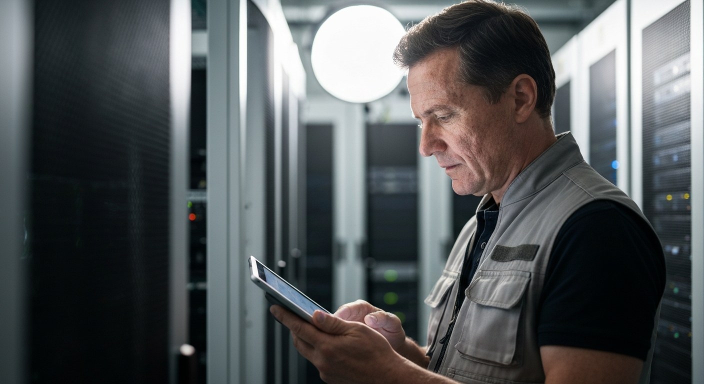 IT Manager Conducting Asset Audit An IT manager inspecting hardware assets on a tablet in a modern, well-lit server room.