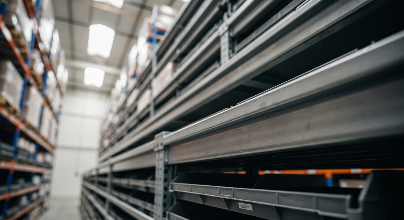Warehouse Automation and Robotics in Kapolei Close-up of a robotic warehouse shelving system with blue and yellow bins in a brightly lit industrial space.