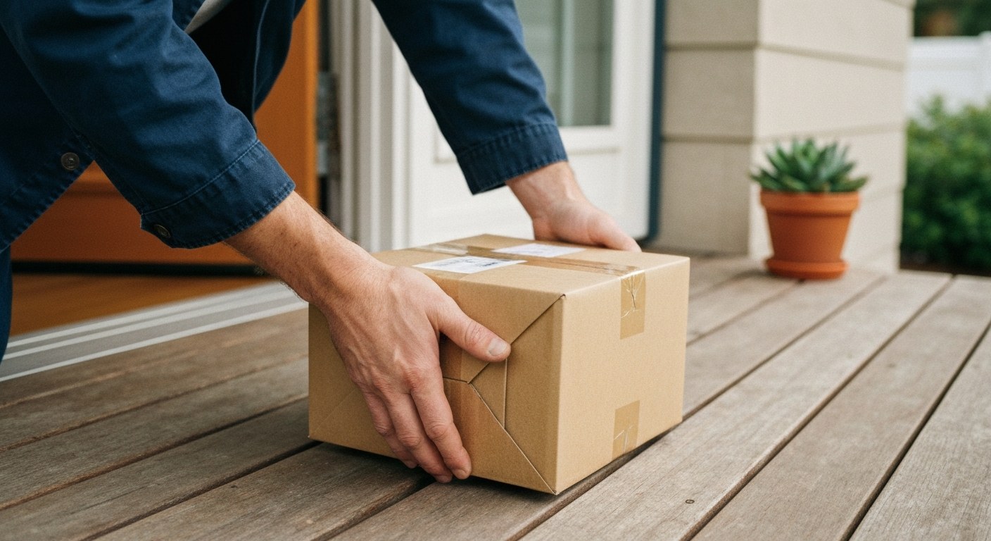 Close-up of hands placing a shipping parcel on a wooden porch next to a small potted plant in daylight.