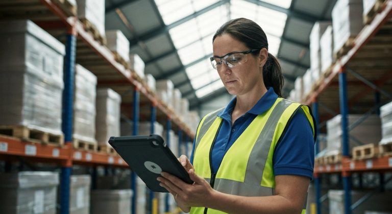 A female warehouse supervisor reviews logistics data on a tablet in an organized distribution center with steel racks.