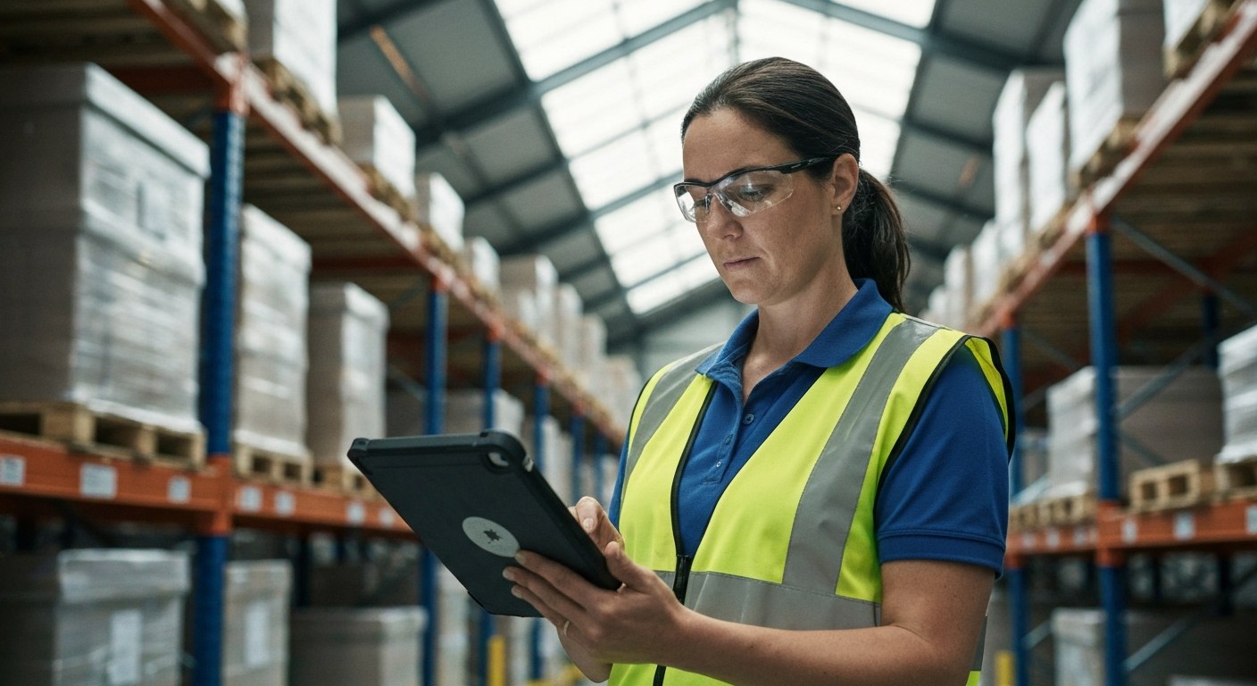 Warehouse Supervisor Implementing Lean Logistics Strategy A female warehouse supervisor reviews logistics data on a tablet in an organized distribution center with steel racks.