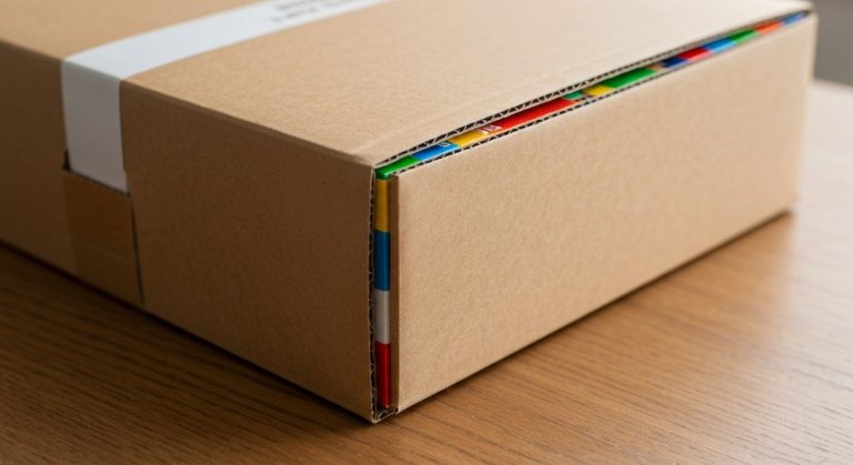 A brown cardboard shipping box opened to reveal a pristine LEGO set box inside on a wooden table with soft window light.