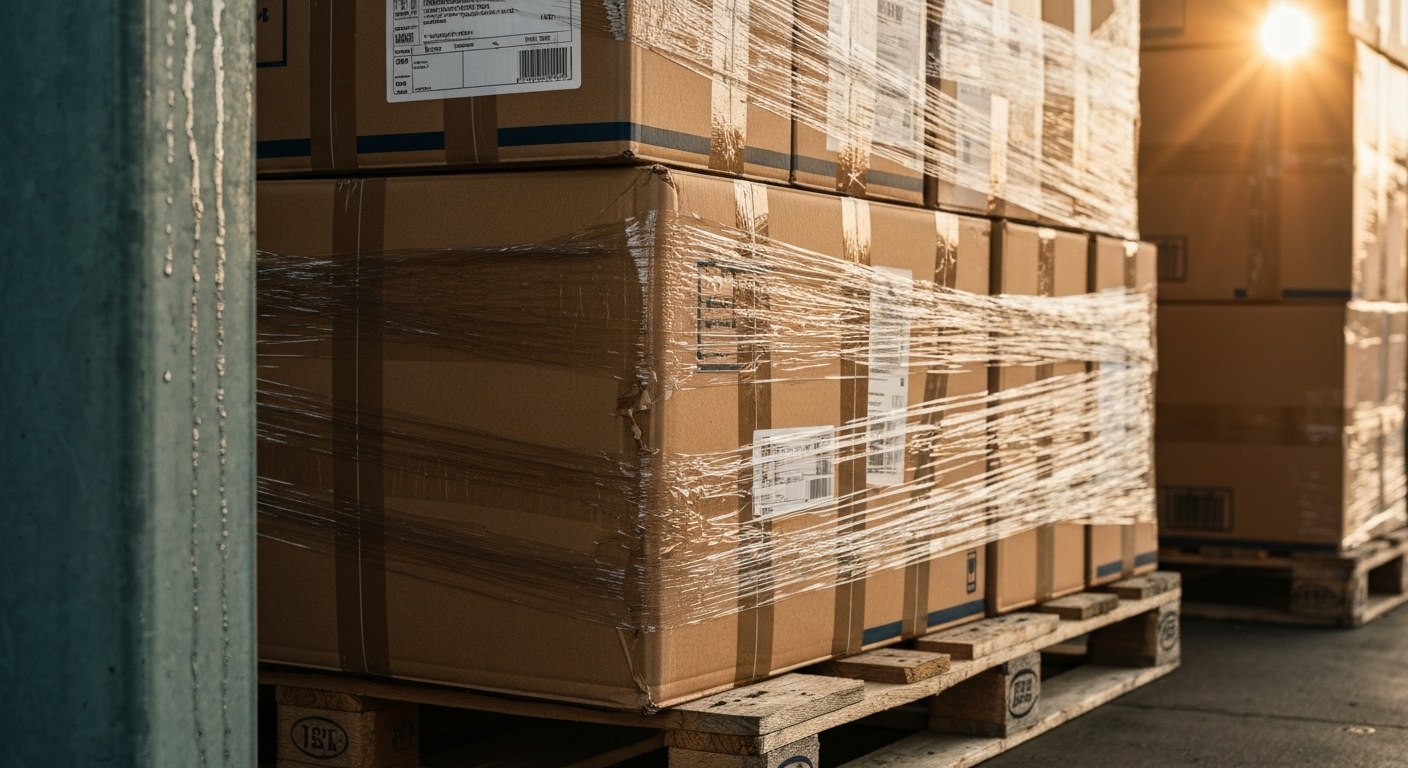 Wholesale Liquidation Pallet Inspection A wooden pallet stacked with various cardboard boxes in a warehouse during golden hour light.