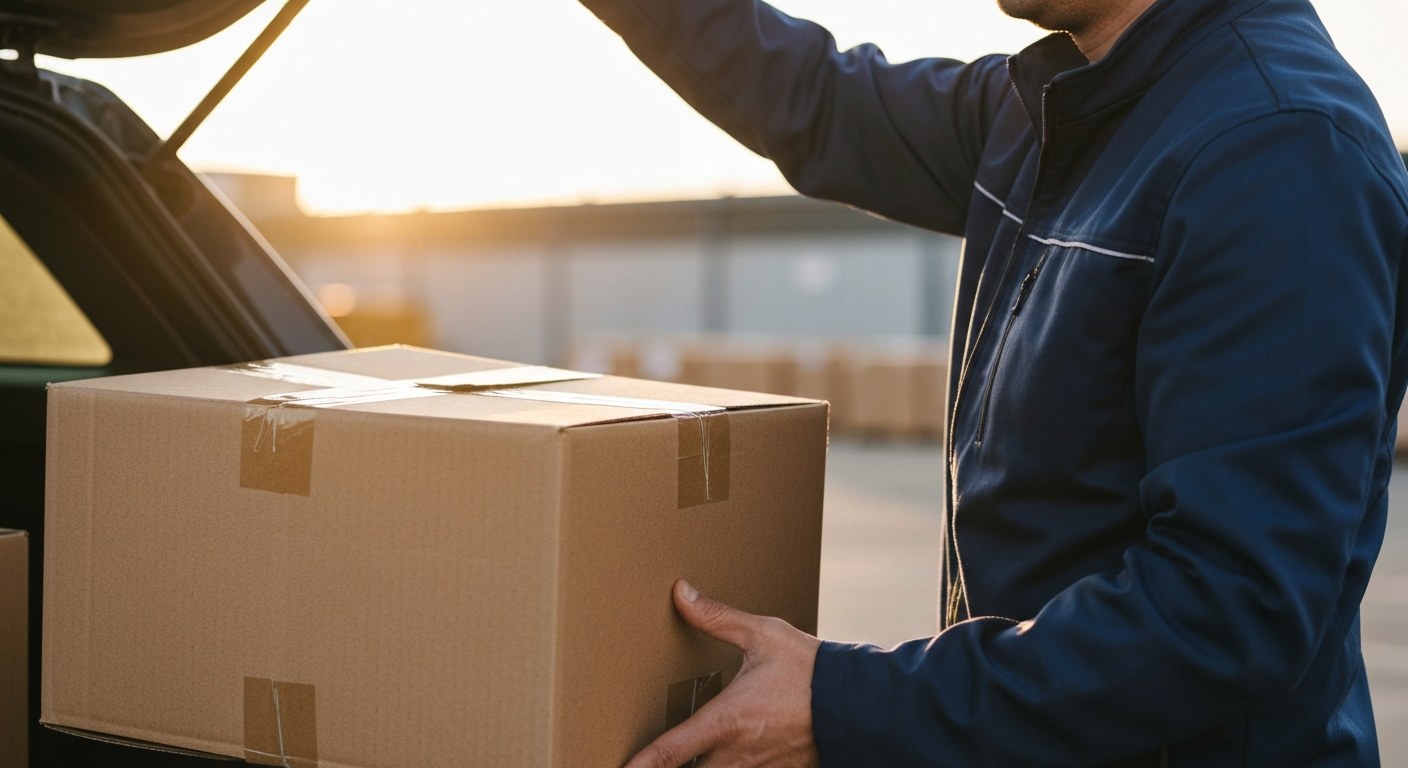 Loading Packages for a Delivery Route A driver loading plain cardboard packages into the trunk of a car during the golden hour.