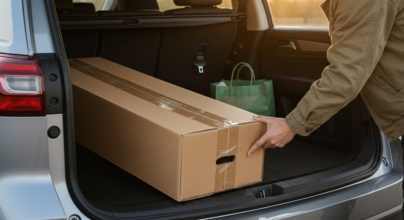 A person loading a long cardboard flat-pack box into the back of an SUV during golden hour at a distribution hub.