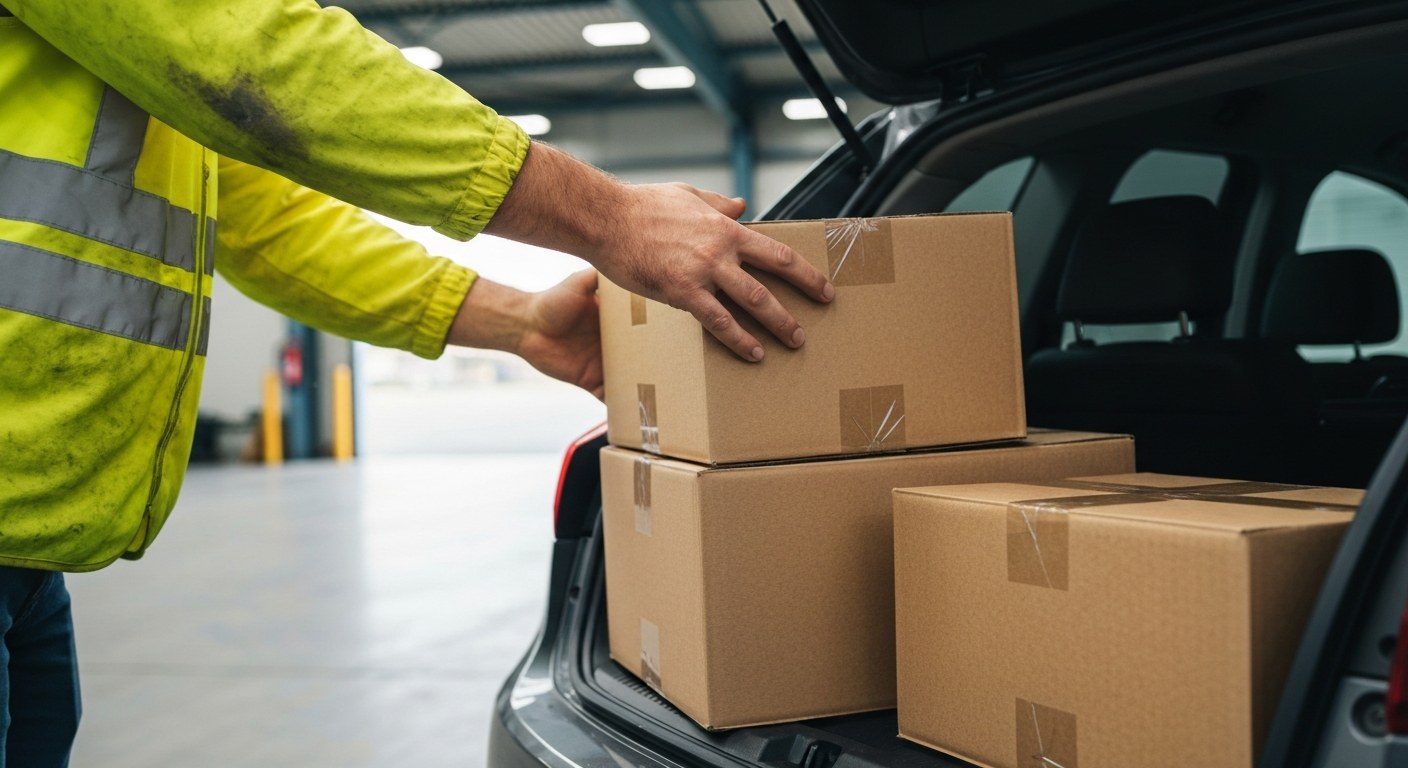 Organizing Packages at a Delivery Station A delivery driver in a high-visibility vest organizes cardboard packages in the trunk of a grey car at a warehouse.