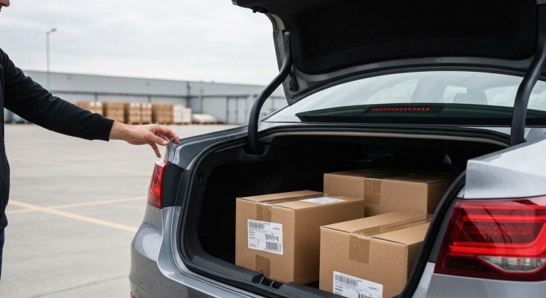 A person loading unbranded cardboard packages into the open trunk of a silver sedan at a warehouse loading dock.