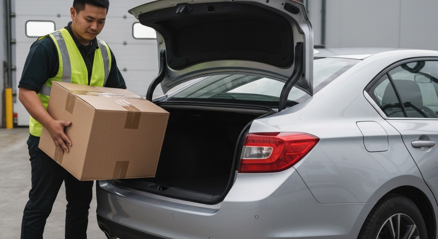 A delivery driver loading various sizes of brown cardboard boxes into the trunk of a silver sedan at a warehouse.