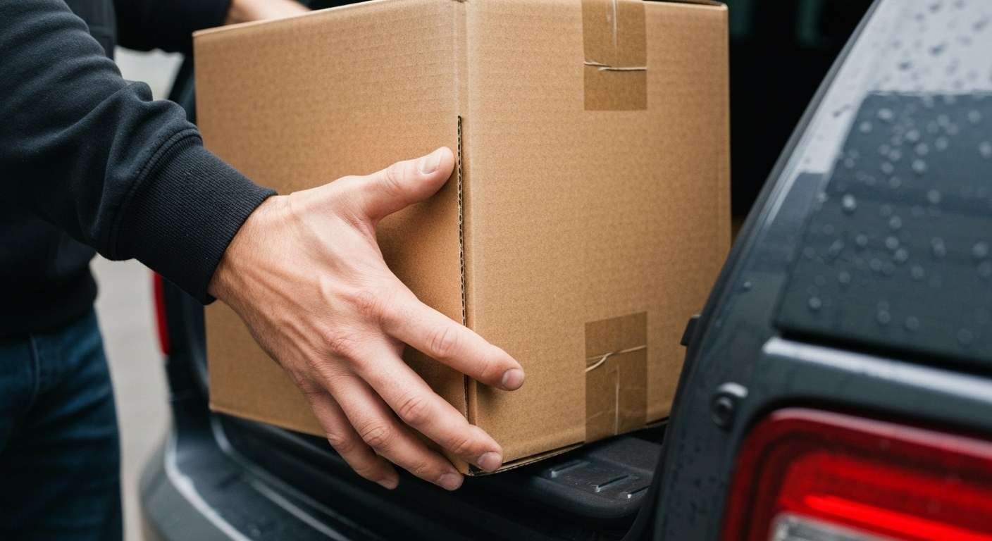 Direct Loading of Secured Shipments Close-up of hands placing a heavy reinforced box into the back of a car outside a warehouse.
