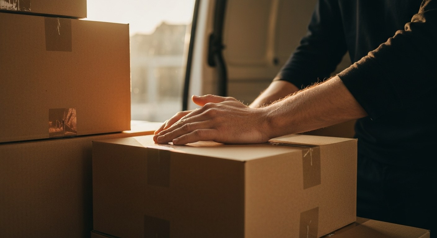 Last Mile Delivery Station Logistics Close-up of a person's hands holding a stack of cardboard boxes in warm afternoon light.