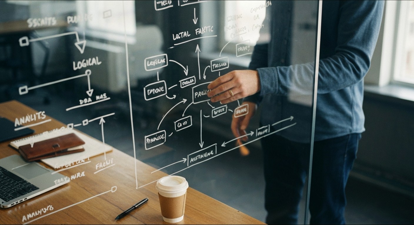 An analyst points at a data fabric diagram drawn on a glass wall in a bright, modern office.