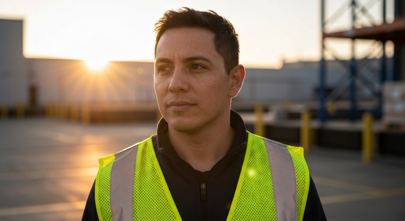 A warehouse worker in a safety vest stands thoughtfully at a loading dock during sunset.