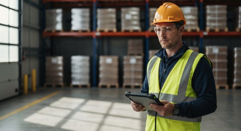 A logistics coordinator in a safety vest uses a tablet in a bright, modern warehouse with high shelving.