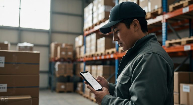 Courier checking delivery status on a smartphone in a logistics warehouse.
