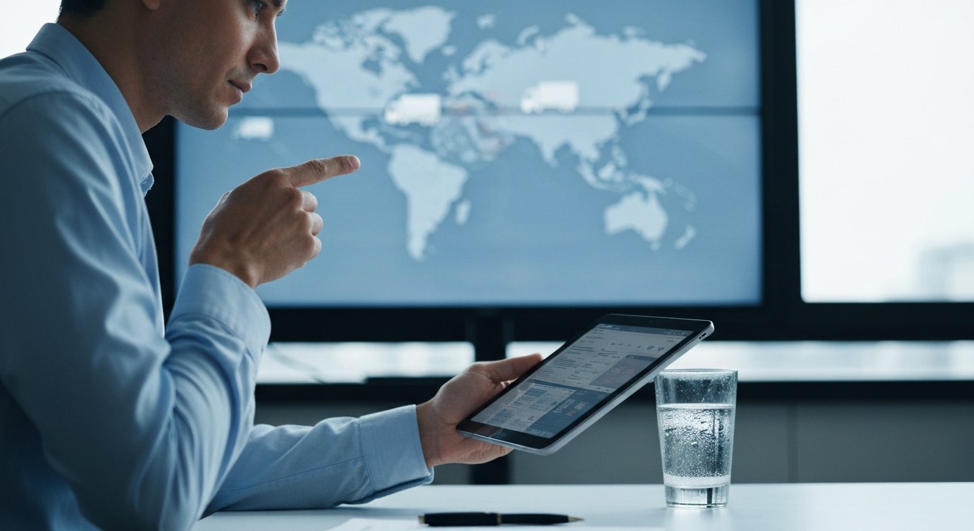 A logistics professional examines a tablet displaying shipping data in a modern office, with a blurred map of routes in the background.