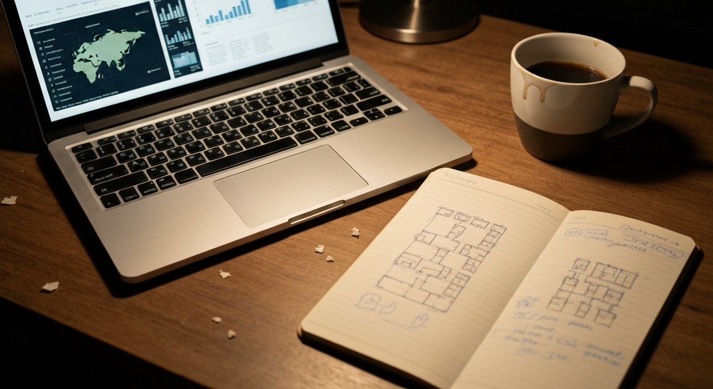 A desk with a laptop showing logistics data, a handwritten notebook, and a coffee mug in warm light.