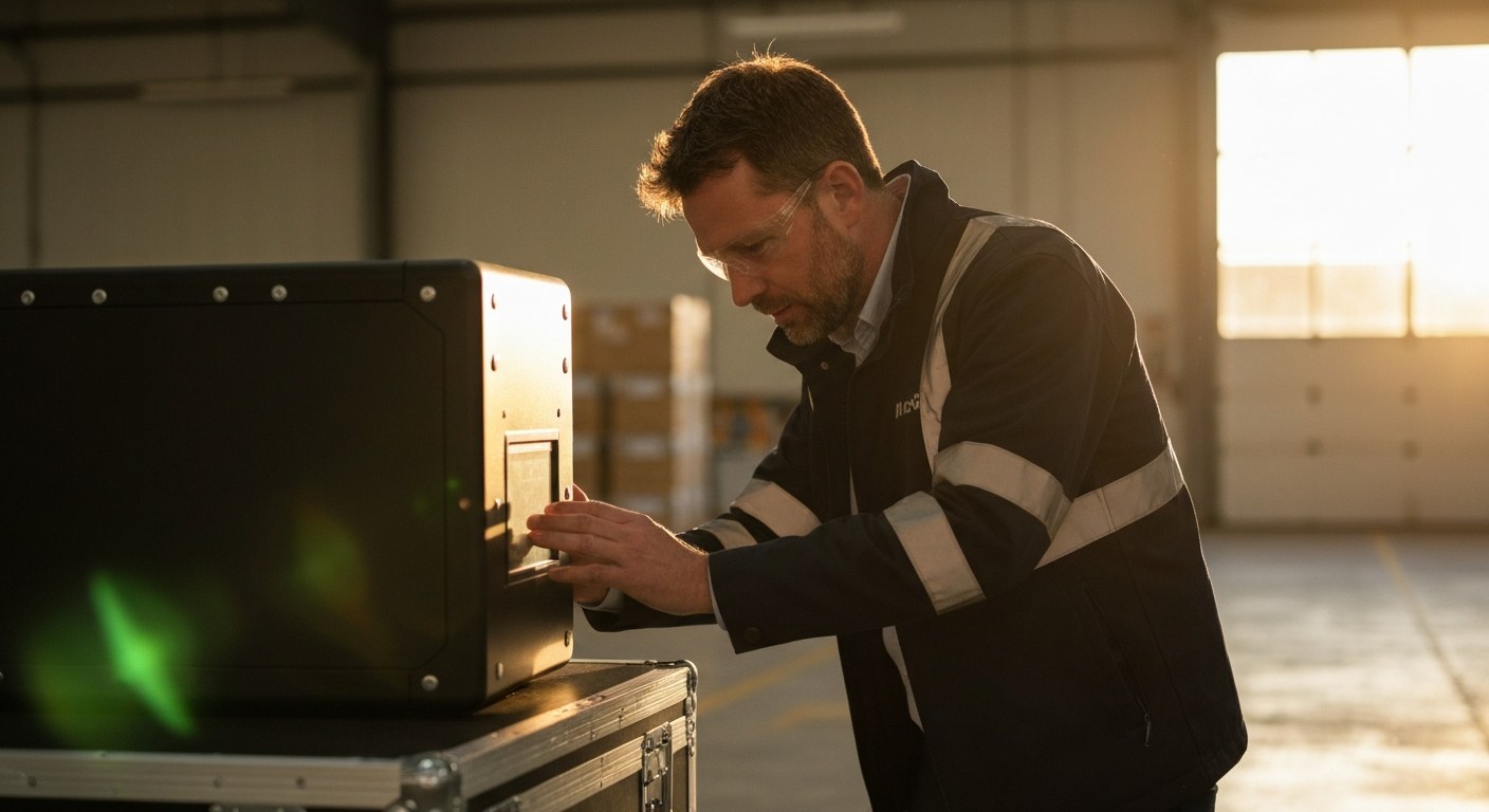 Logistics Professional Checking Shielded Crate A logistics professional inspecting secure radiation-proof transport packaging.