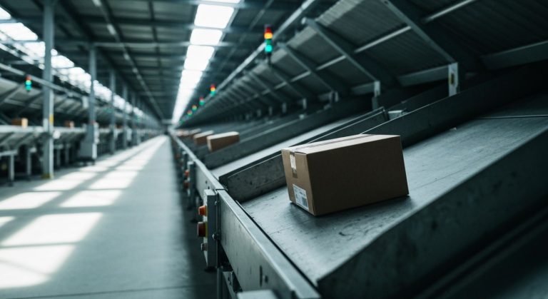 A brown package slides down a metal conveyor chute inside a large, quiet automated shipping warehouse.
