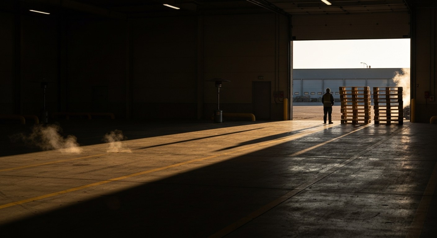 A wide view of a warehouse loading dock at sunset with long shadows on the concrete floor.