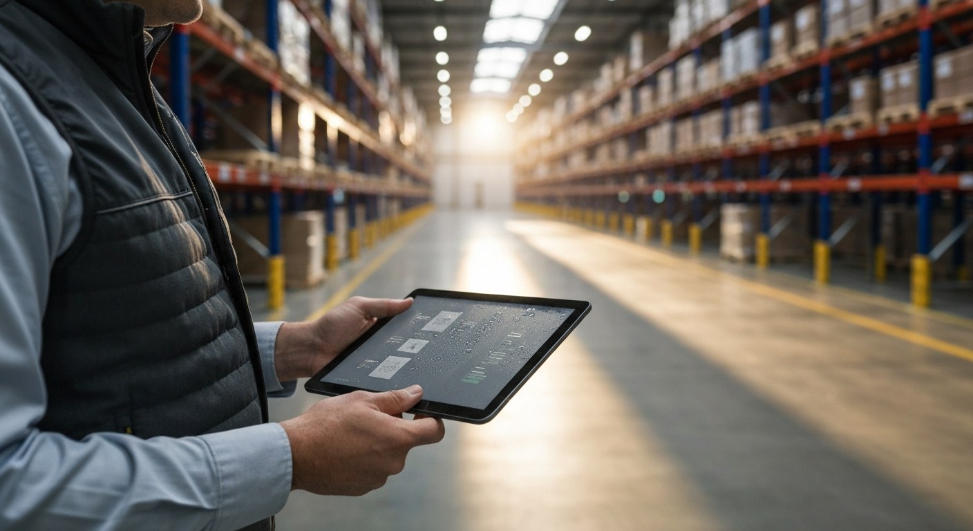 Real-Time Data Integration in Modern Warehousing A logistics manager using a tablet in a large, modern warehouse during a warm sunset.
