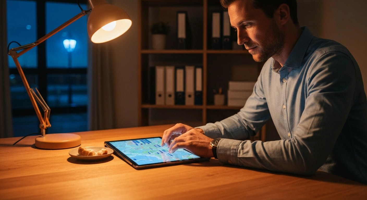 E-commerce Manager Planning Holiday Logistics A logistics manager reviews a shipping route map on a tablet at a wooden desk under warm lamp lighting.
