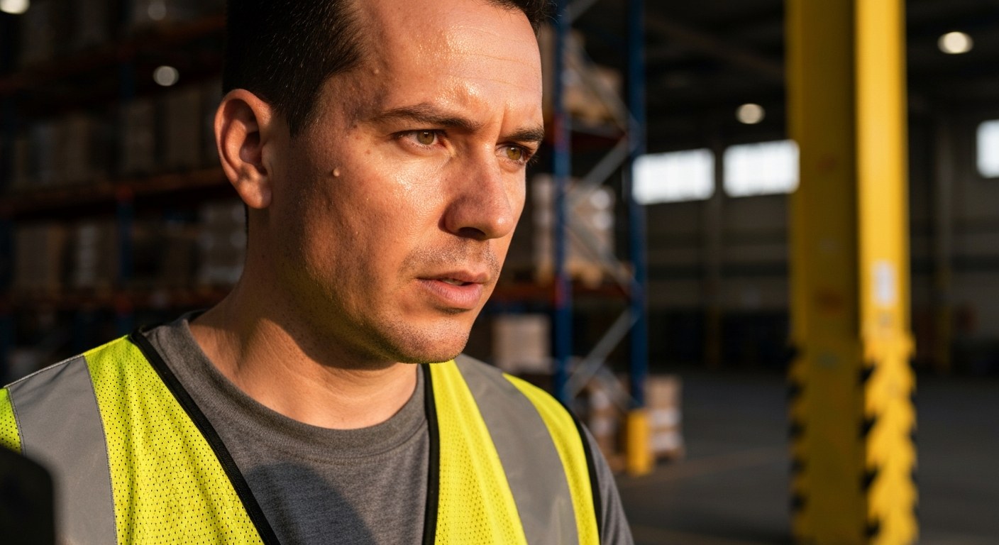 Close-up of a logistics manager in a high-visibility vest talking to a worker in a warehouse.