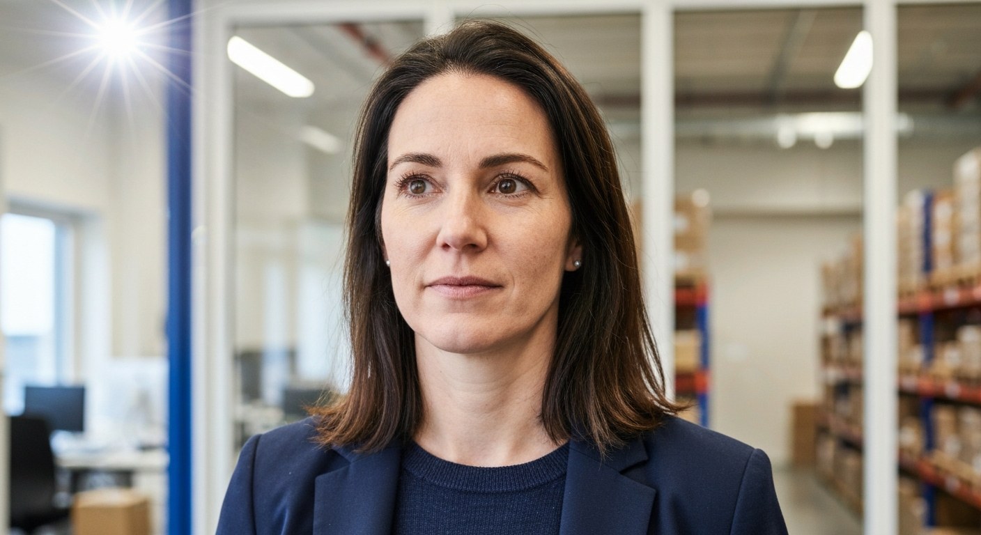Logistics Management Strategy A female logistics manager in a professional navy blazer looking thoughtfully in a bright warehouse office.