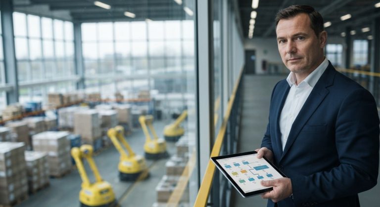 A focused logistics manager holding a tablet in a mezzanine office overlooking an active warehouse floor.