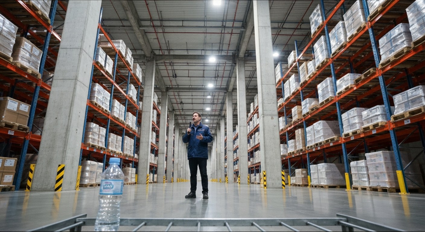 A warehouse manager in a utility jacket using a radio while standing among tall concrete pillars and metal racks.