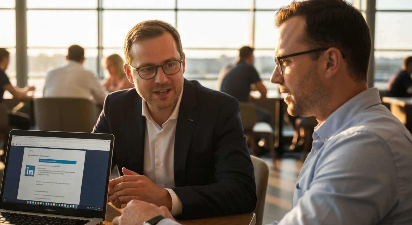Logistics Networking and B2B Relationship Building Two professionals in business casual attire having a discussion over a laptop in a sunlit lounge.