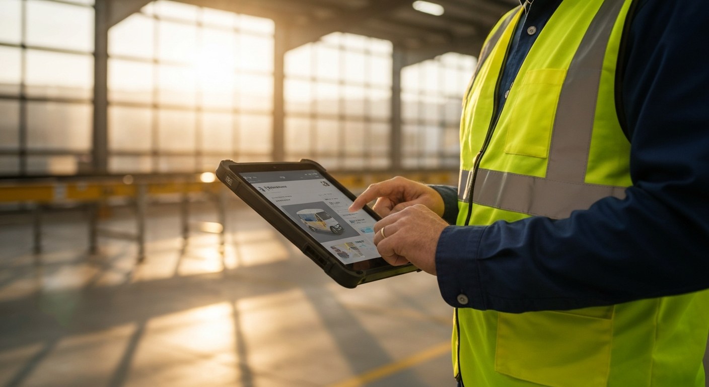A warehouse worker checks real-time shipping data on a tablet under warm afternoon sunlight.
