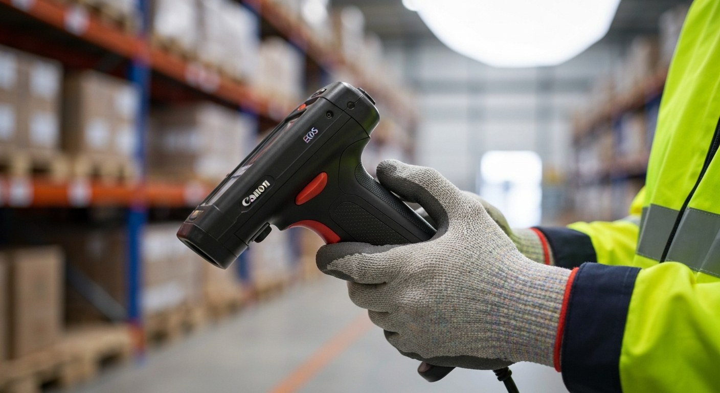 Modern Warehouse Inventory Technology Detailed close-up of a rugged industrial barcode scanner held by a gloved hand in a warehouse.