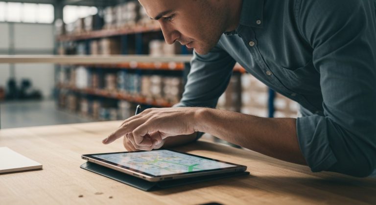 A logistics manager in a mezzanine office reviewing a digital supply chain map on a tablet with a warehouse background.