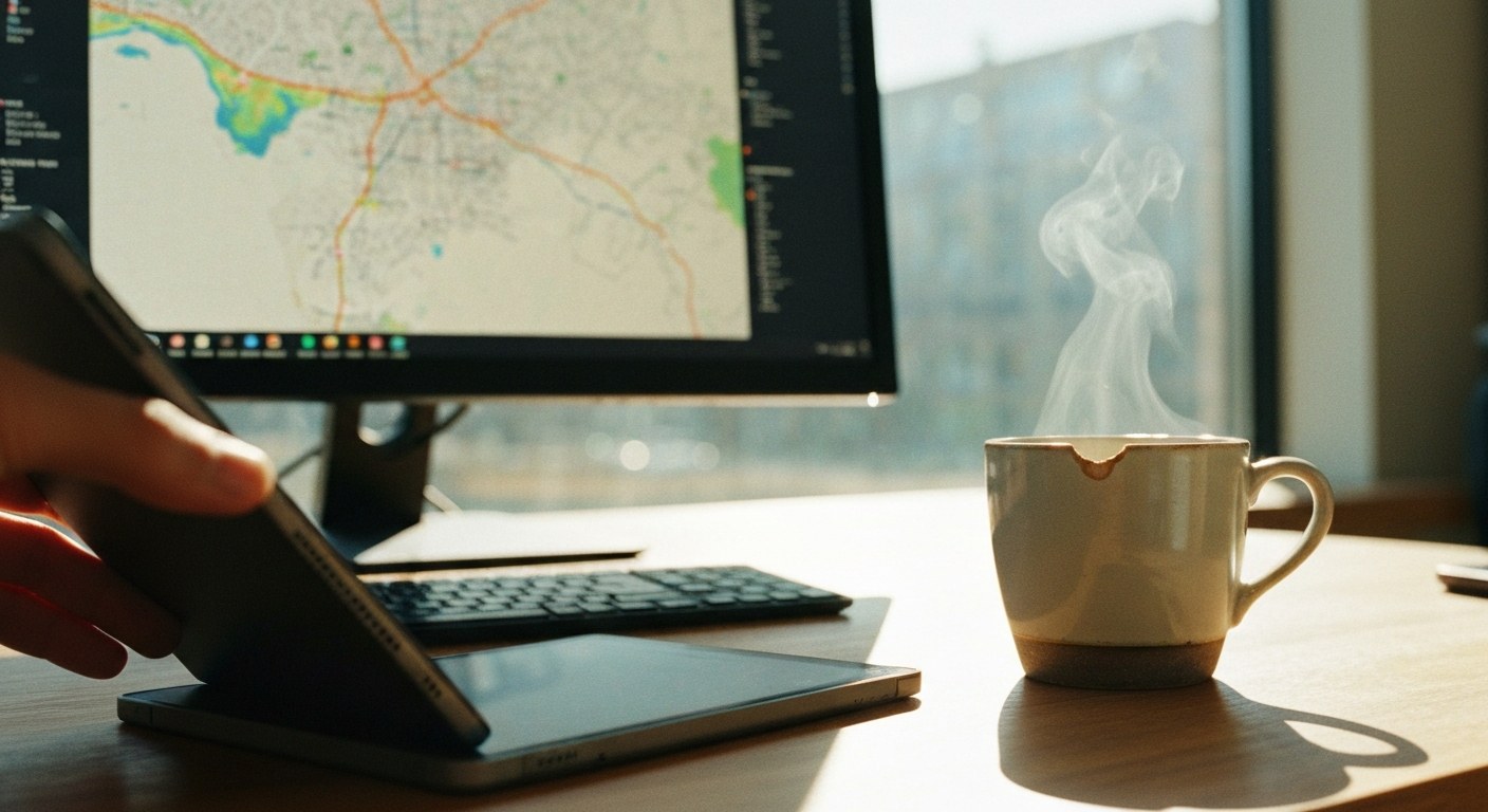 Logistics Strategy and Network Mapping A professional workspace with a tablet, coffee mug, and a logistics map on a computer monitor.