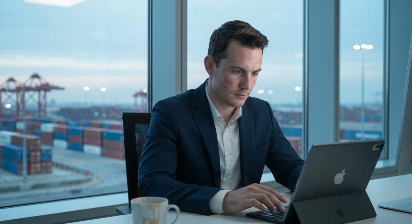 A professional logistics manager looks out from a modern office at a shipping terminal during the blue hour.