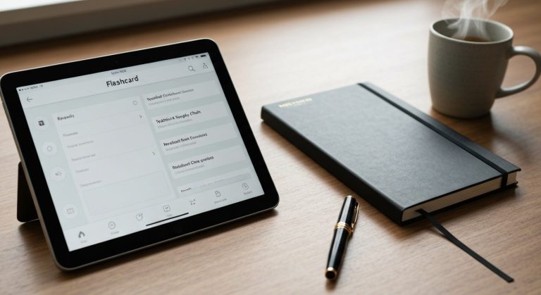 Best Logistics Quizlet Decks (Verified 2026) 3 Close-up of a tablet showing logistics flashcards on a desk with a notebook and coffee mug.