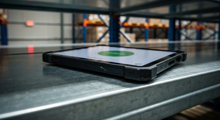 UPS Warehouse Scan: It's Not Lost (Here's Why) 7 A rugged industrial tablet on a metal warehouse shelf showing a tracking status screen with a blurred background.