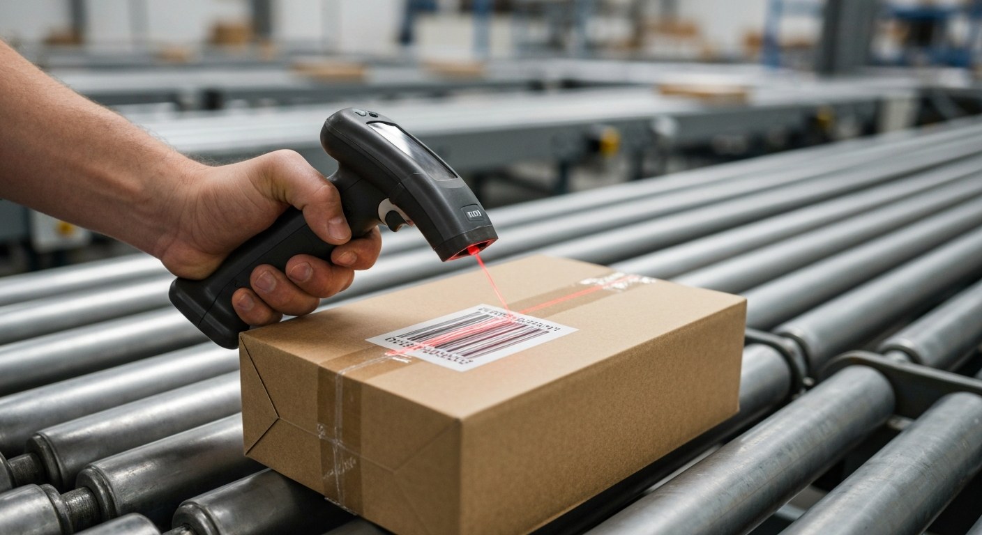 Close-up of a hand using a digital scanner on a cardboard package moving along a conveyor belt.