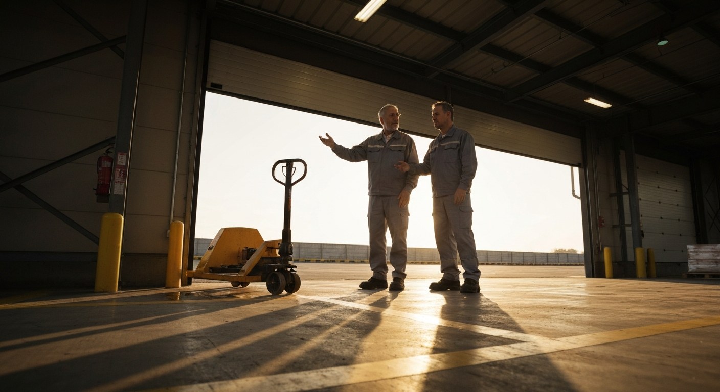 A senior warehouse supervisor mentors a younger worker near a loading dock at sunset in a large facility.