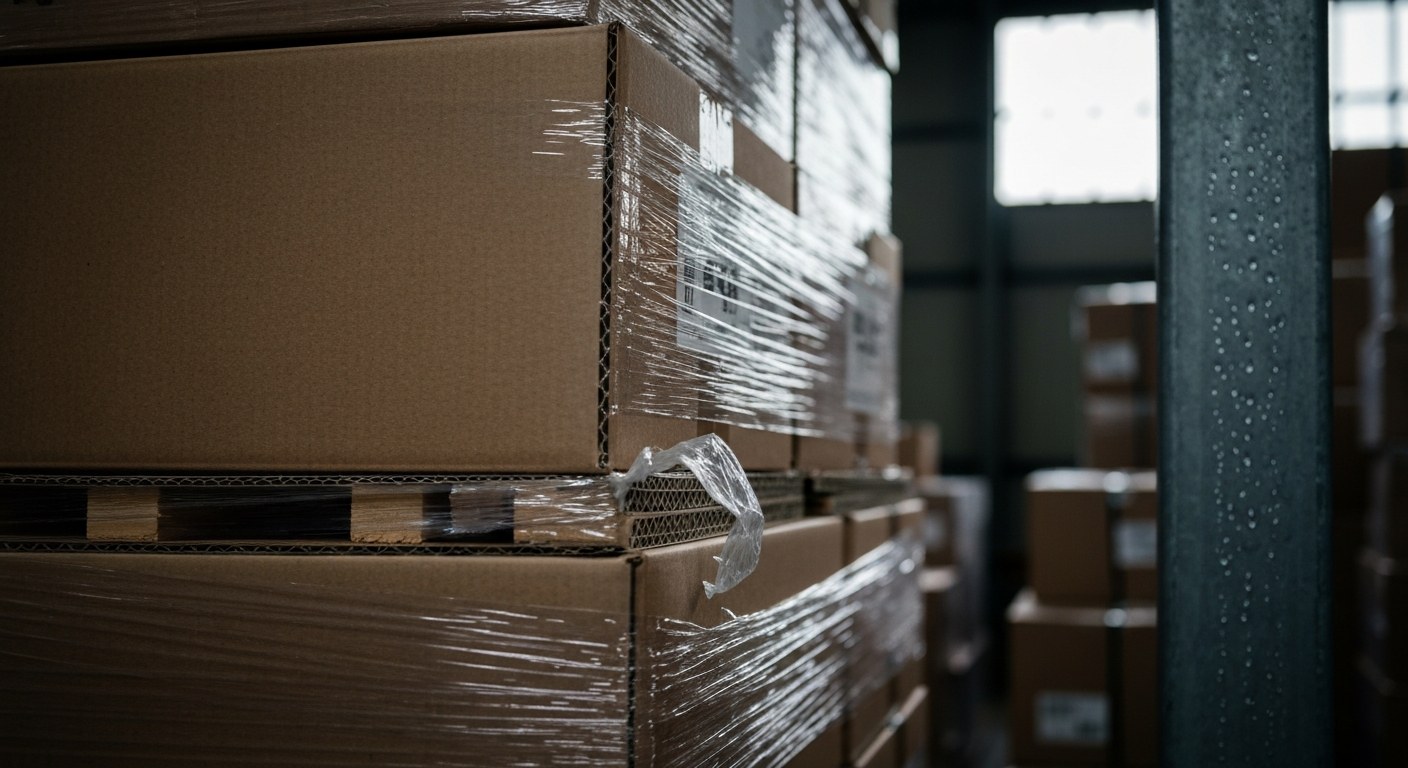 Package Holding Area Close-up of stacked cardboard shipping boxes in a dimly lit warehouse holding area.