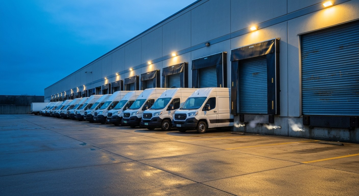 A busy logistics warehouse loading dock at dawn with delivery vans parked in rows.