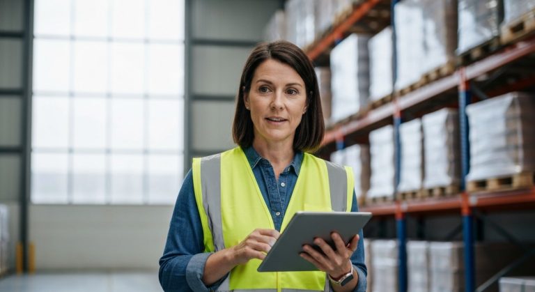 A professional woman in a safety vest holding a tablet inside a large, modern logistics warehouse with industrial shelving.