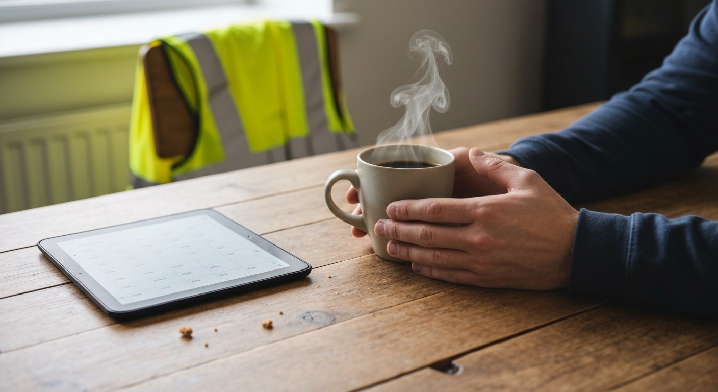 Logistics Career Financial Planning A warehouse worker's hands resting on a wooden table next to a coffee mug and a digital tablet in a breakroom.