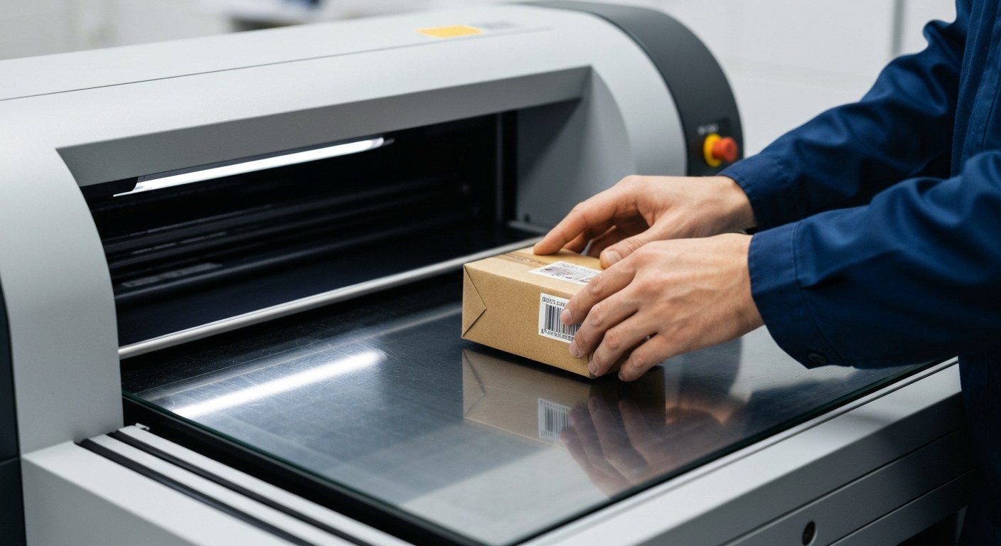 Logistics Sorting Workflow Warehouse worker sorting a small package on an industrial scanner.