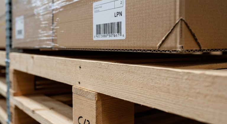 Close-up of a warehouse pallet with a prominent LPN barcode label on a cardboard box, showing realistic wood and paper textures.