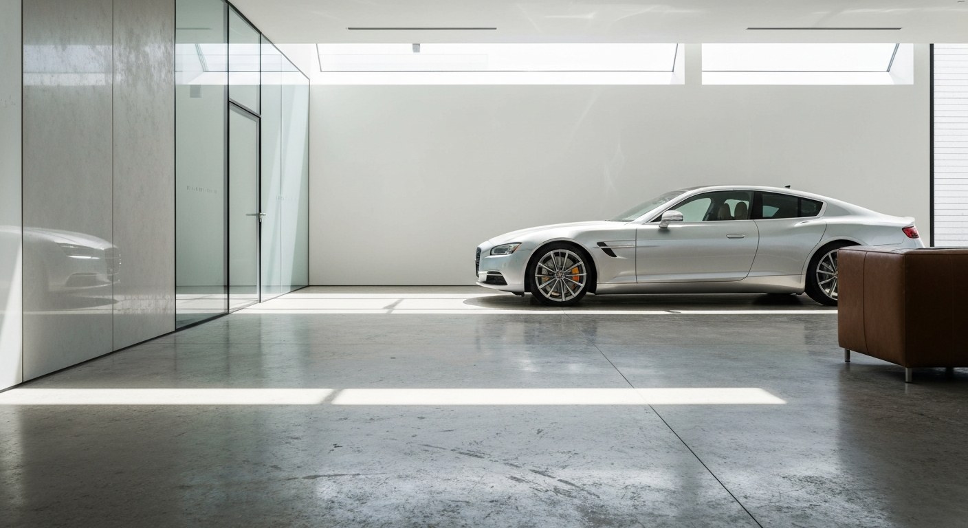 Luxury Vehicle Storage Condo Interior Interior of a modern luxury car condo with polished concrete floors, architectural lighting, and a silver sports car.
